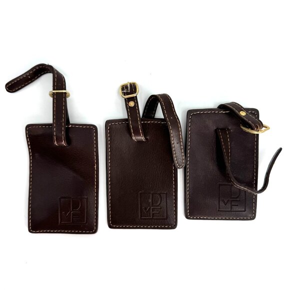 Diane Von Furstenberg Leather Luggage Tags Set Of 3 Brown Buckle Strap Old Money - Picture 2 of 6